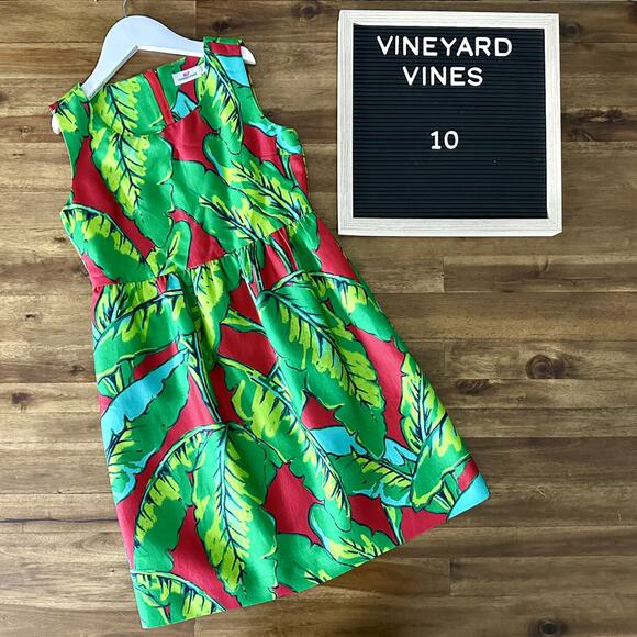 NEW Vineyard Vines Banana Leaf Tropical Green Red Blue Sleeveless Silk Dress  10